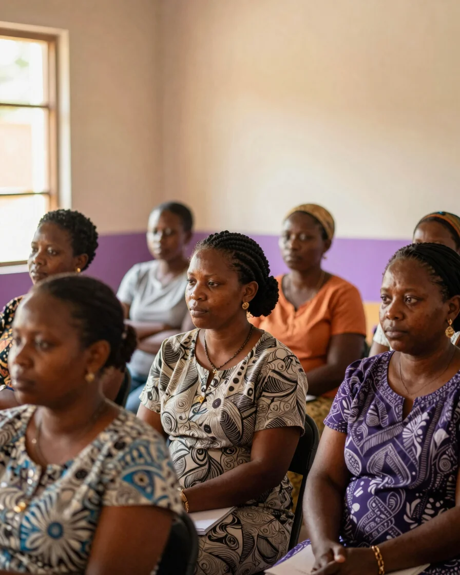 Haitian women leaders in a collaborative workshop setting, eye-level medium shot, natural sunlight streaming through a w