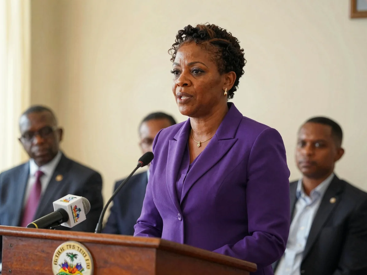 Dignified Haitian woman leader speaking at a civic press briefing