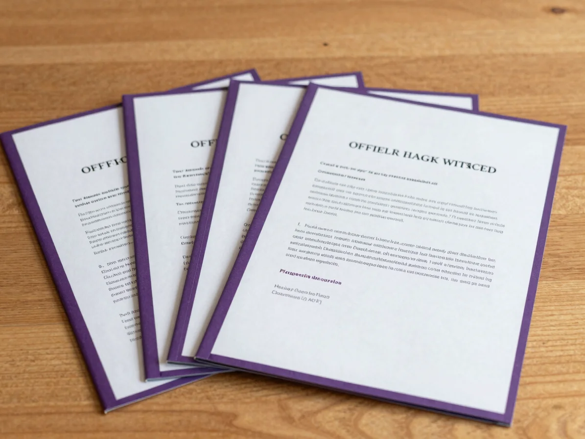 Clean editorial view of official press release document folders and press card on a warm wooden desk with subtle royal p