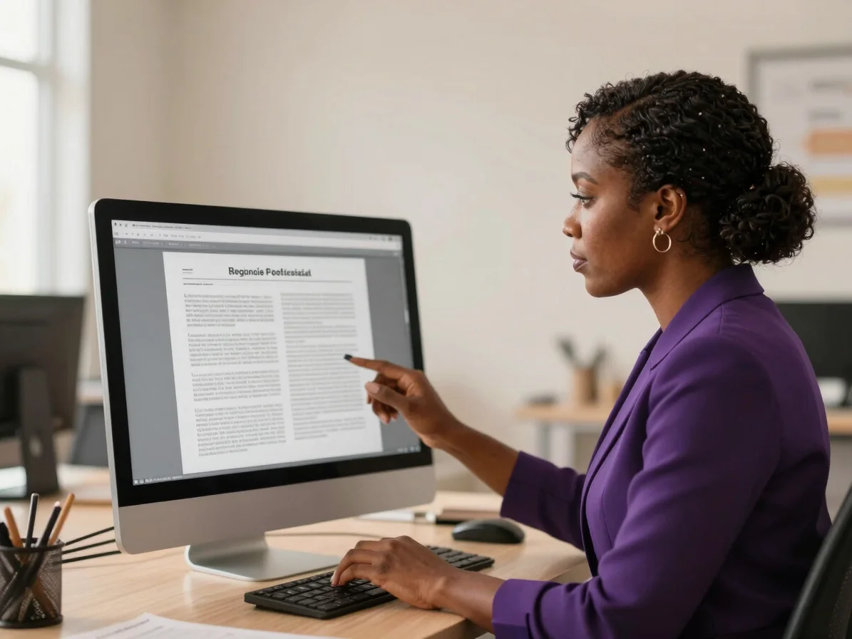 Professional Haitian female journalist reviewing official publication layout on a display in a modern brightly lit offic