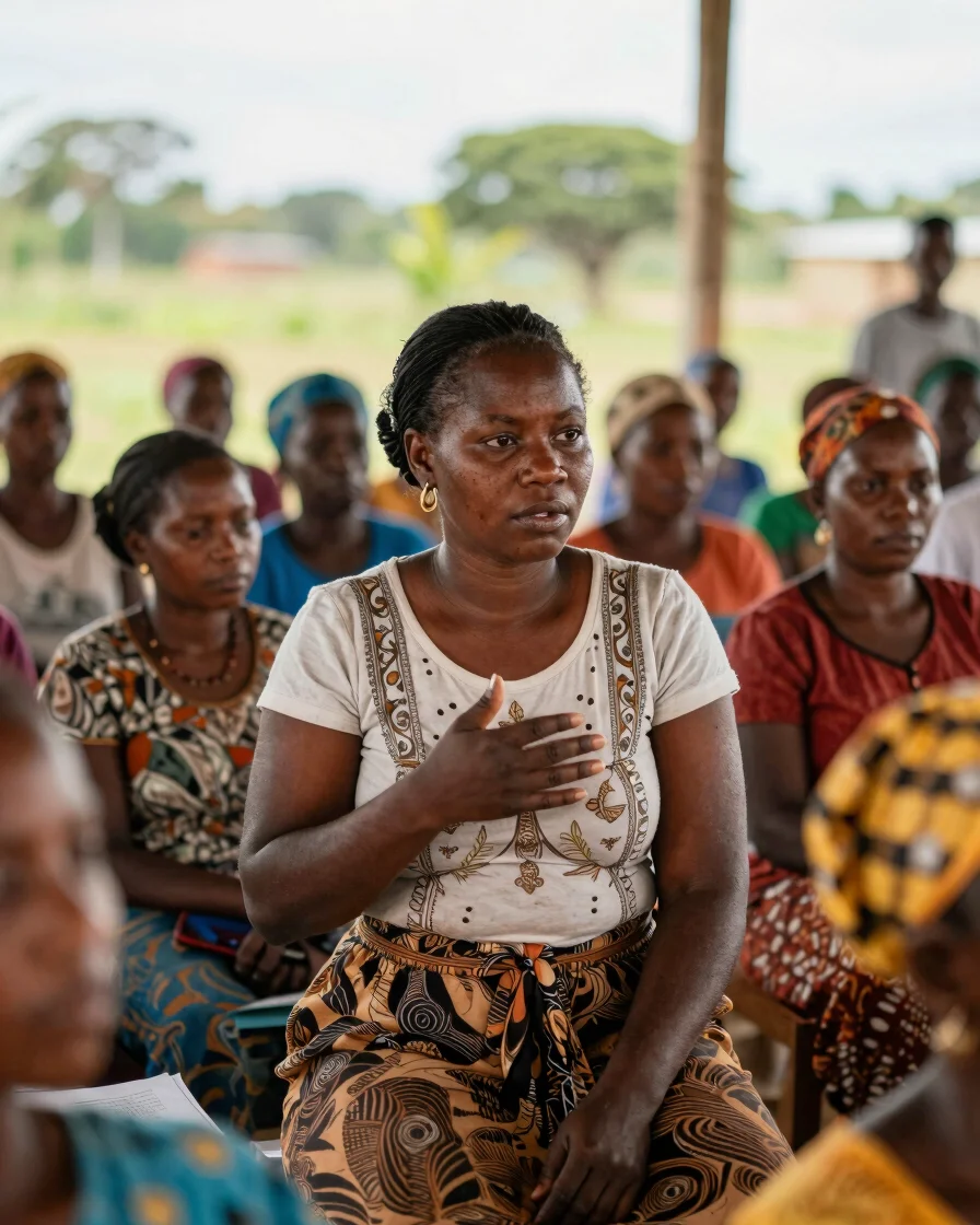 Haitian woman leading a community workshop, engaging with other w