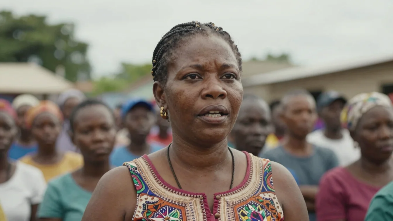 Haitian woman speaking confidently at a civic gathering, natural overcast daylight, rich authentic earth tones, soft sha