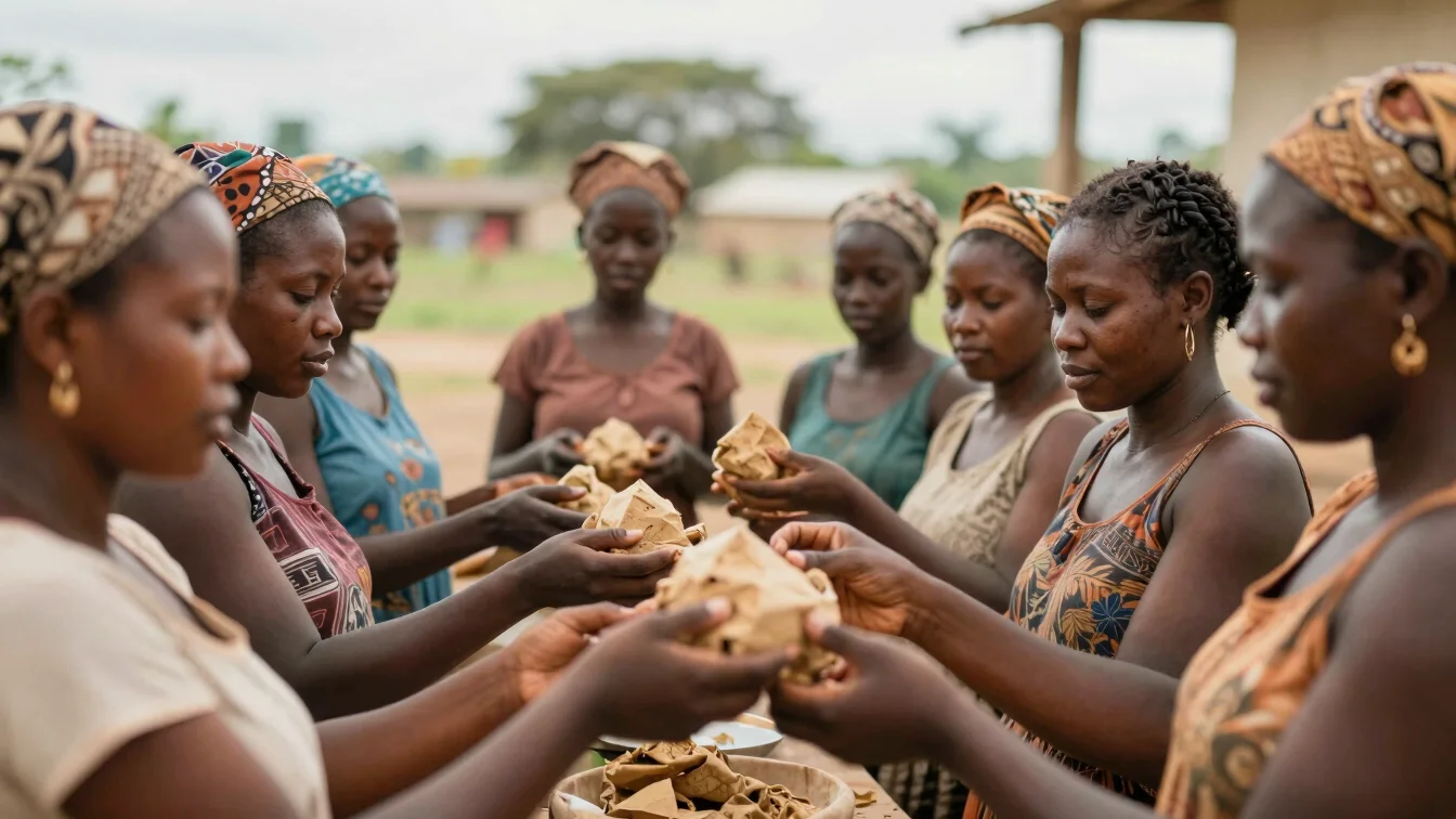 Haitian women collaborating in an economic group, sharing resources, natural overcast daylight, rich authentic earth ton