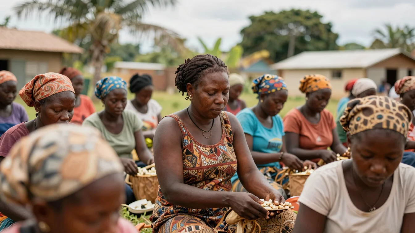 Haitian women participating in a community initiative, working together, natural overcast daylight, rich authentic earth